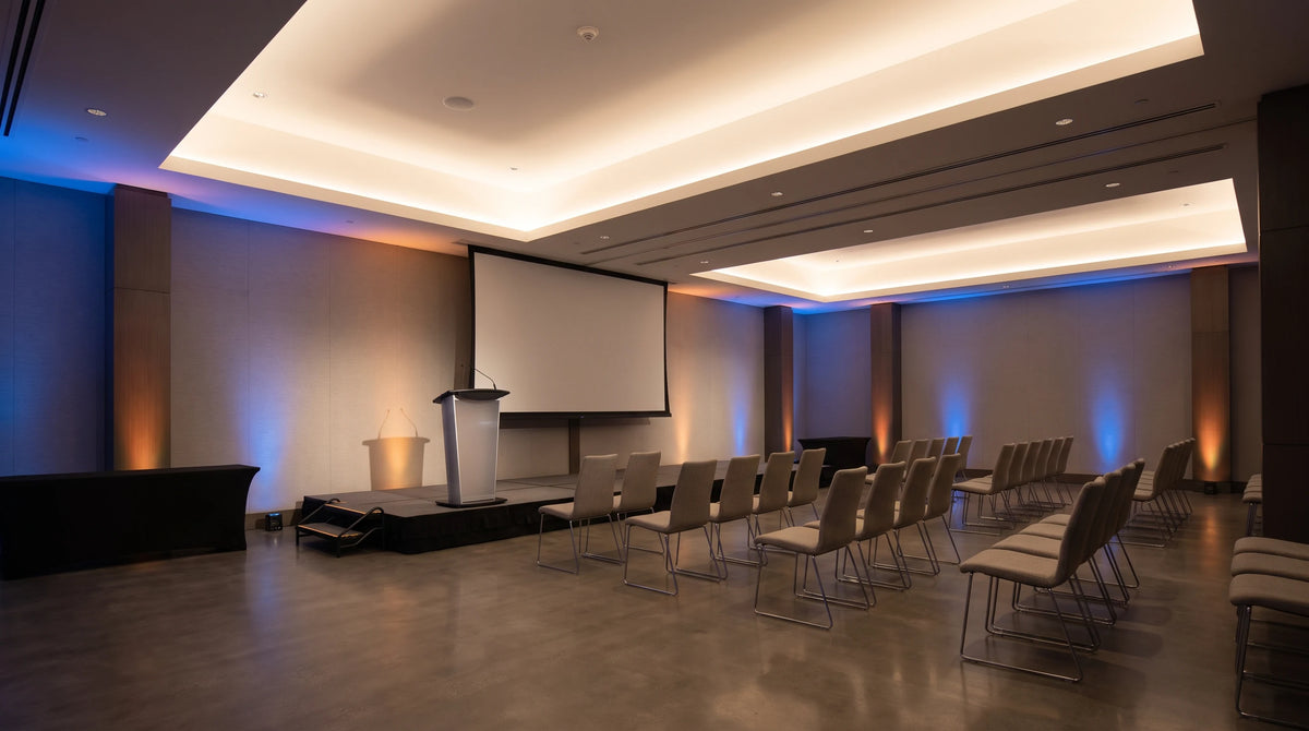 HUSHAN_STAGE_SCENE_20260720|multi-function-wash-light-hlp9024|studio-meeting-light-scene|HLP9024 studio and meeting-room wash-light application scene|broad AI application scene; no product close-up or inferred product exterior